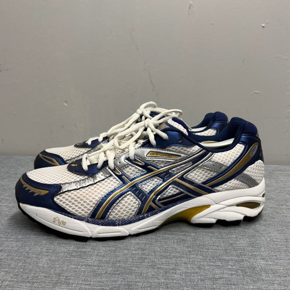 ASICS GT-2120 Running Shoes Mens 10.5 White Navy Gold TN705 Vintage Mesh Runner